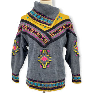 VINTAGE Head Sportswear Gray Yellow 80's Tribal Knit Pullover Sweater Size Small